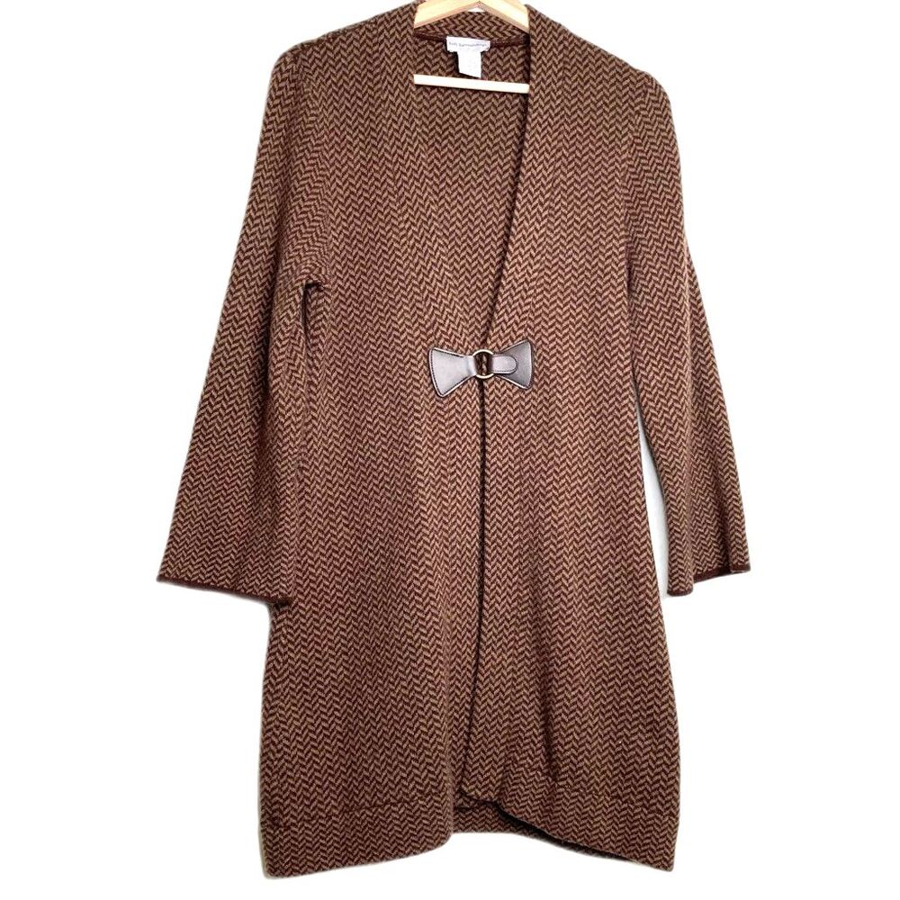 Soft Surroundings Womens Duster Sweater Brown Herringbone Wool Blend V Neck S